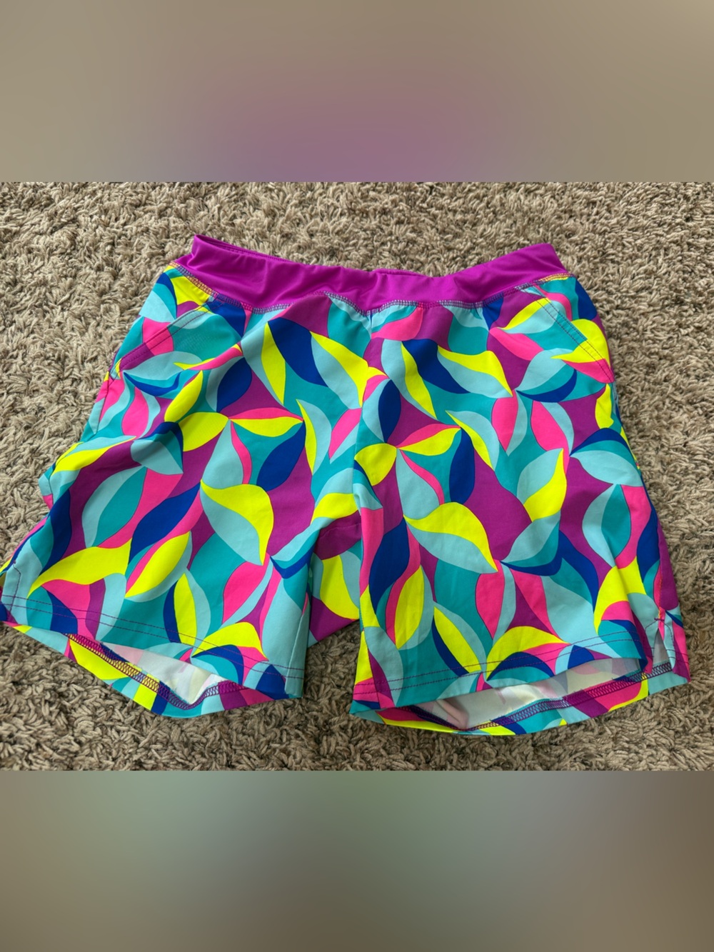 Vibrant Multicolor-Girls swim Shorts -Neon Leaf Print-Lands End (XL)